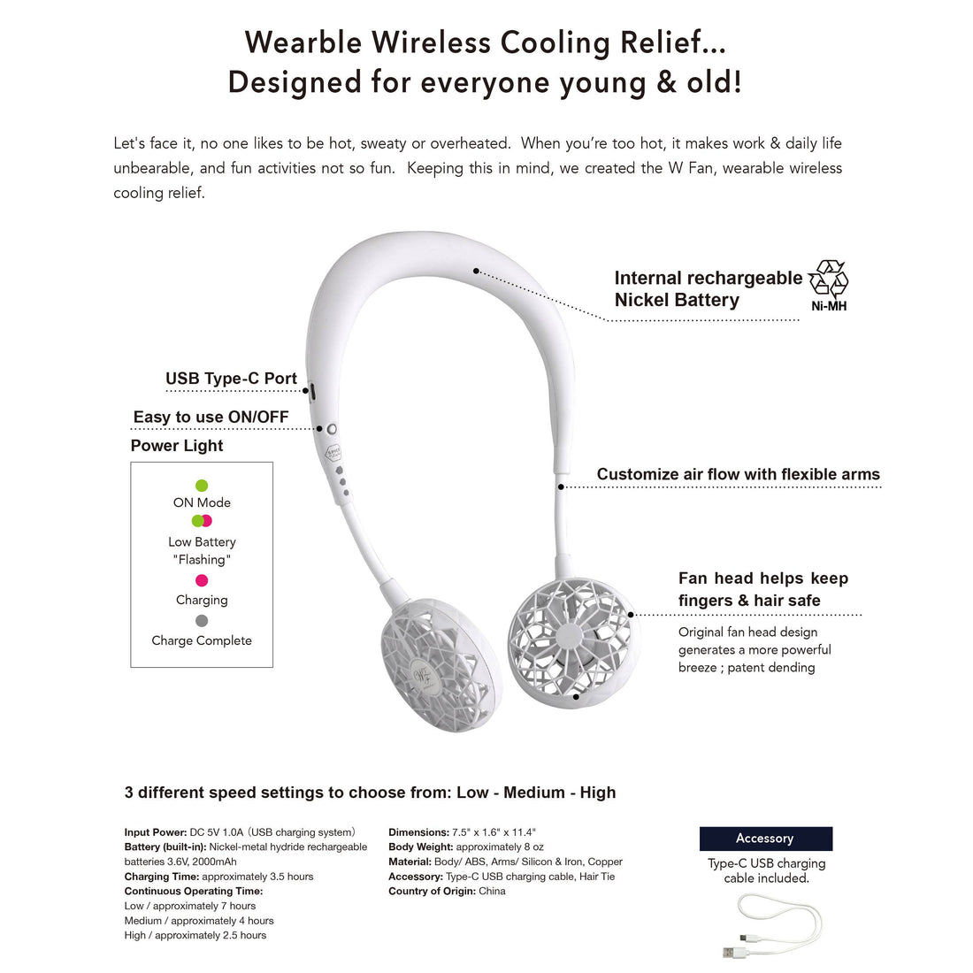 Black Wearable Hands Free Neck Fan