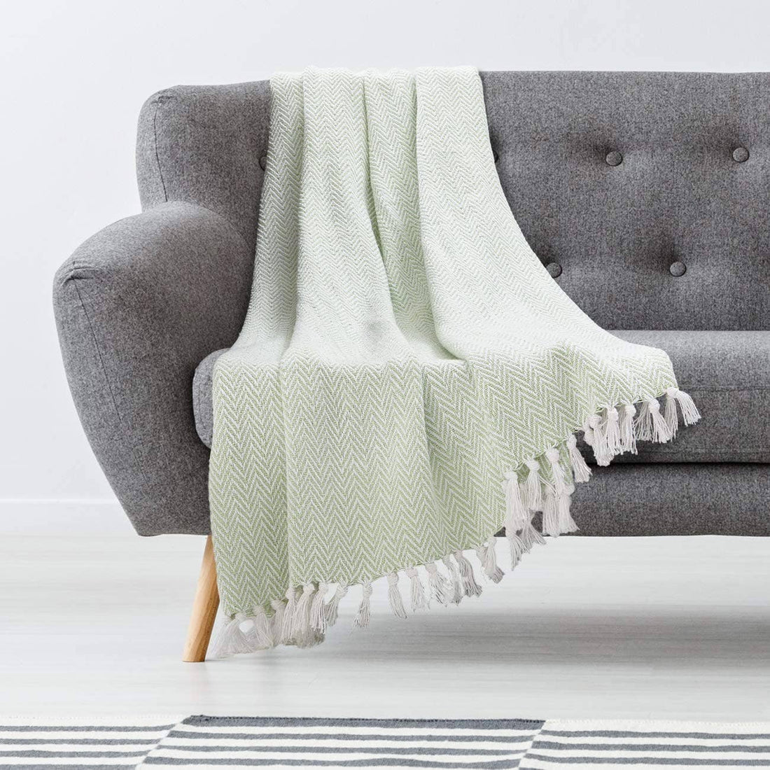 Seafoam and White Herringbone Throw Blanket