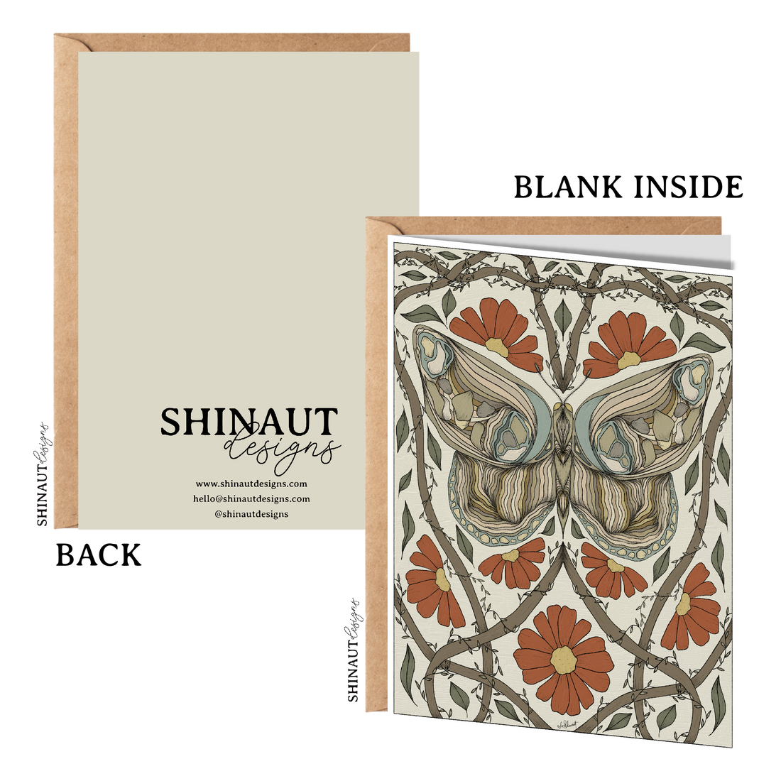 Moth with Red Flowers & Leaf Vines Art Nouveau Greeting Card