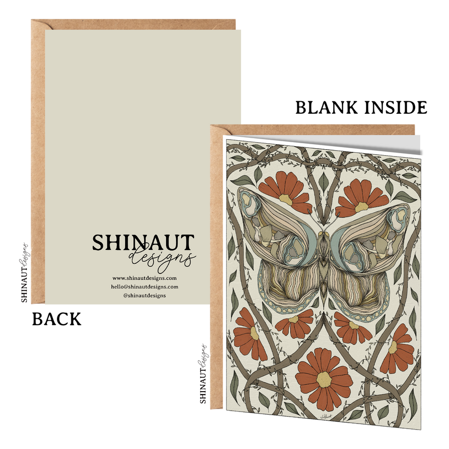 Moth with Red Flowers & Leaf Vines Art Nouveau Greeting Card