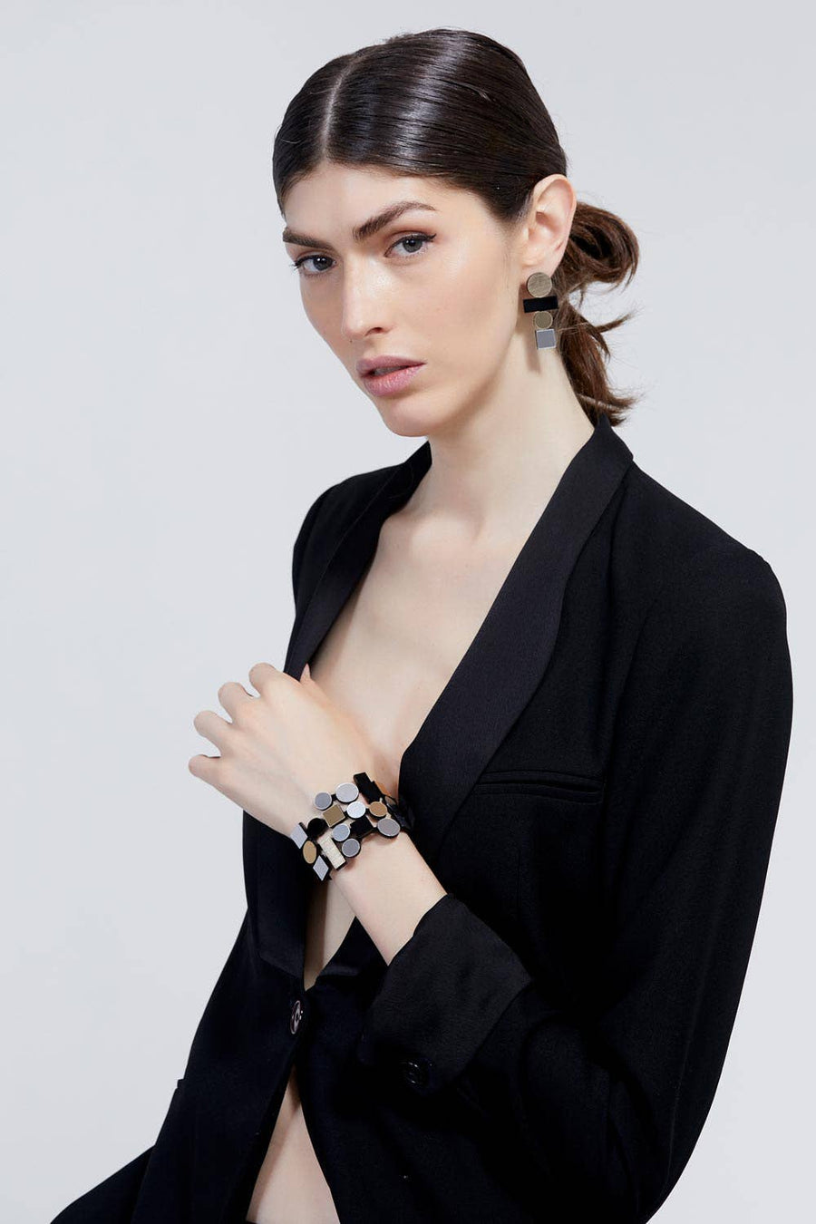 Bauhaus Acrylic Bracelet - Silver/Black/Gold: Large
