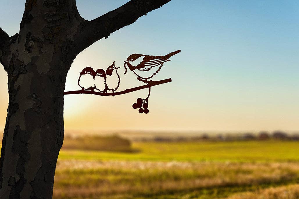 Chickadee & Chicks Metal Garden Art