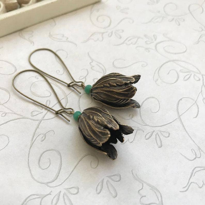 Brass tulip earrings, Art Nouveau