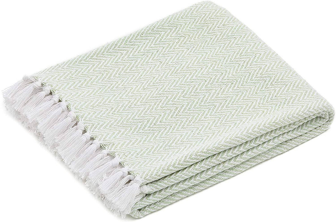 Seafoam and White Herringbone Throw Blanket