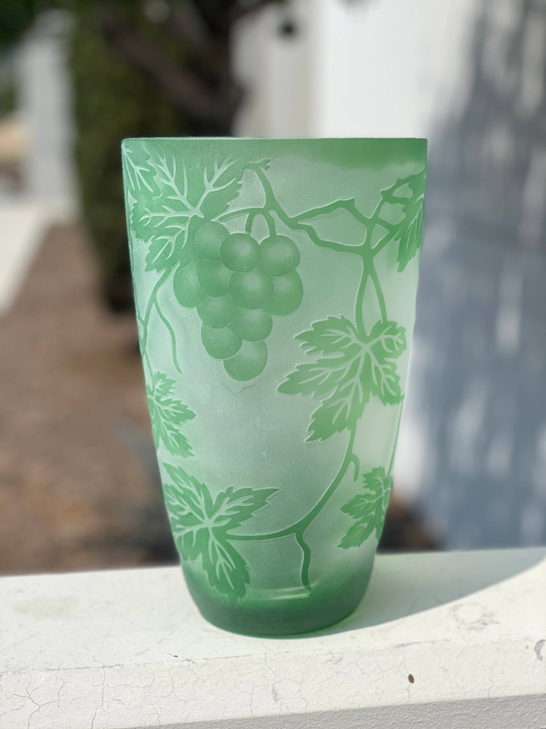 Hand-Carved Grape Vine Art Glass Vase