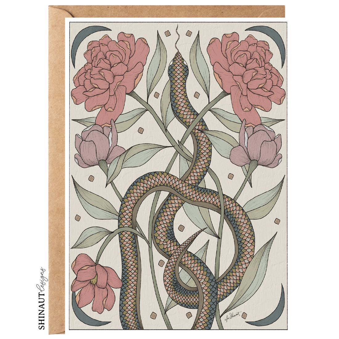 Garden Snake with Peonies Art Nouveau Greeting Card