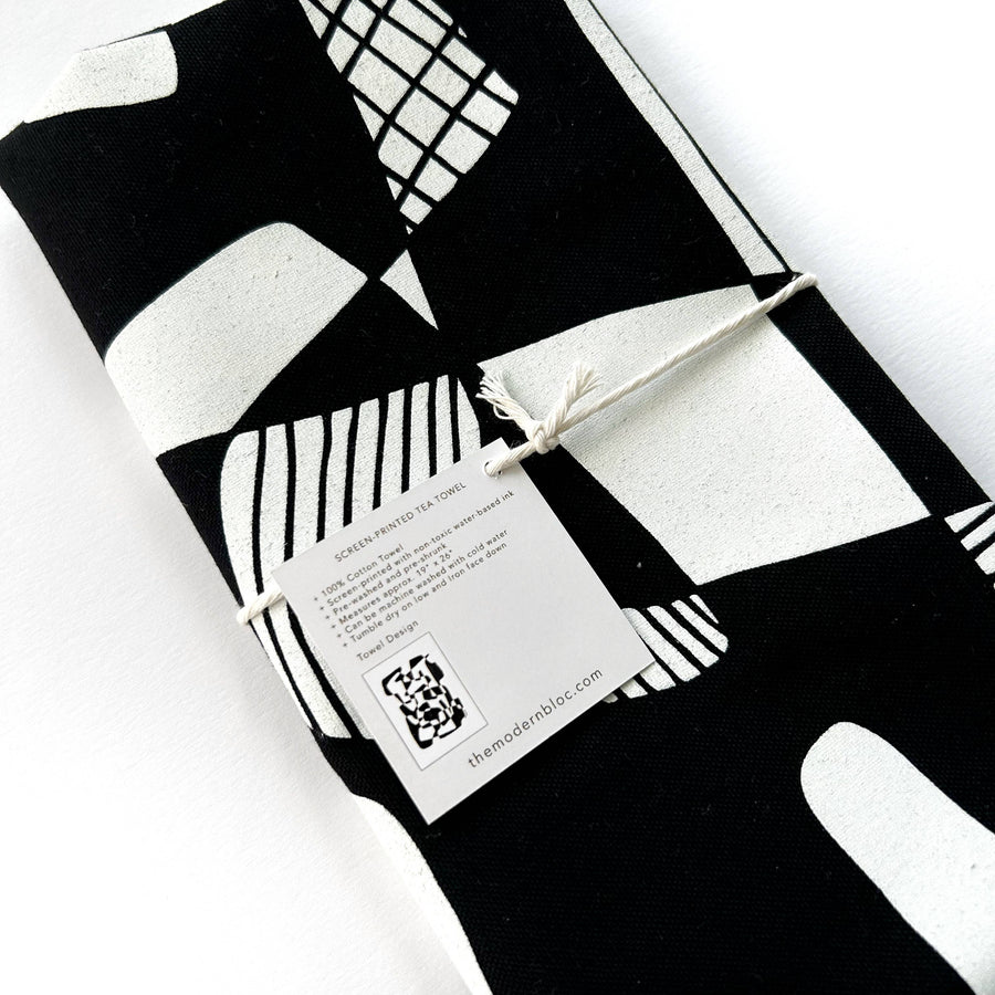 Opposite Shapes Screen-Printed Black Cotton Tea Towel