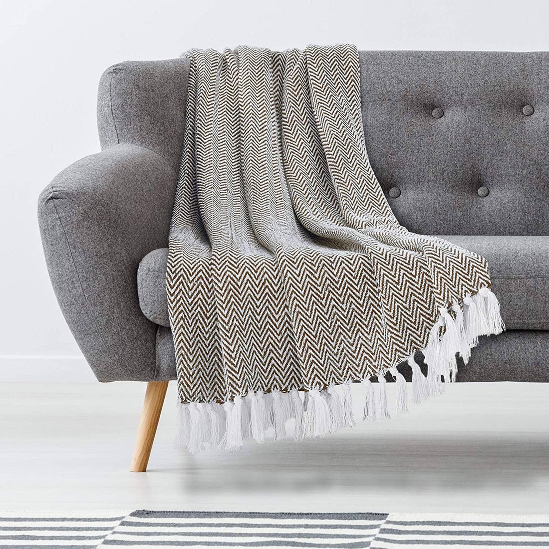 Cream Herringbone Throw Blanket