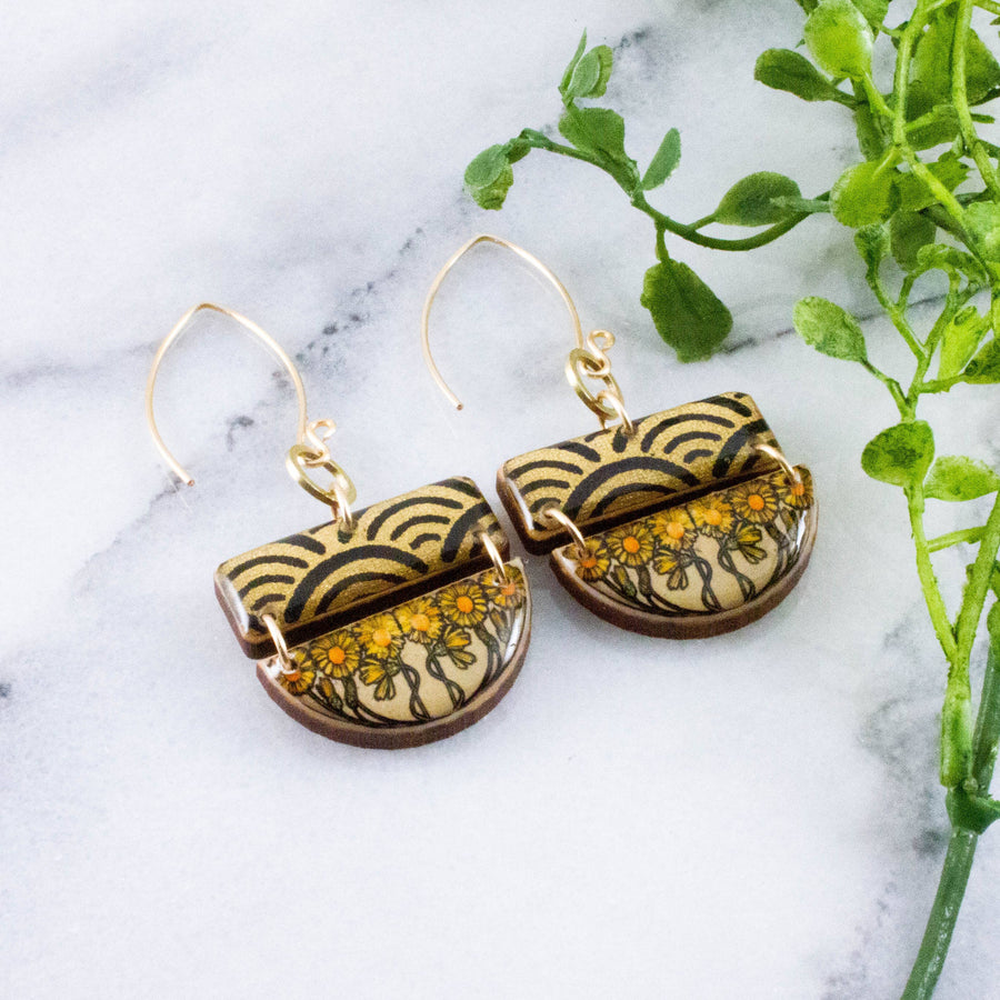 Art Nouveau Sunflower Stacked Half Circle Earrings