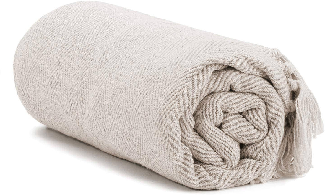 Cream Herringbone Throw Blanket