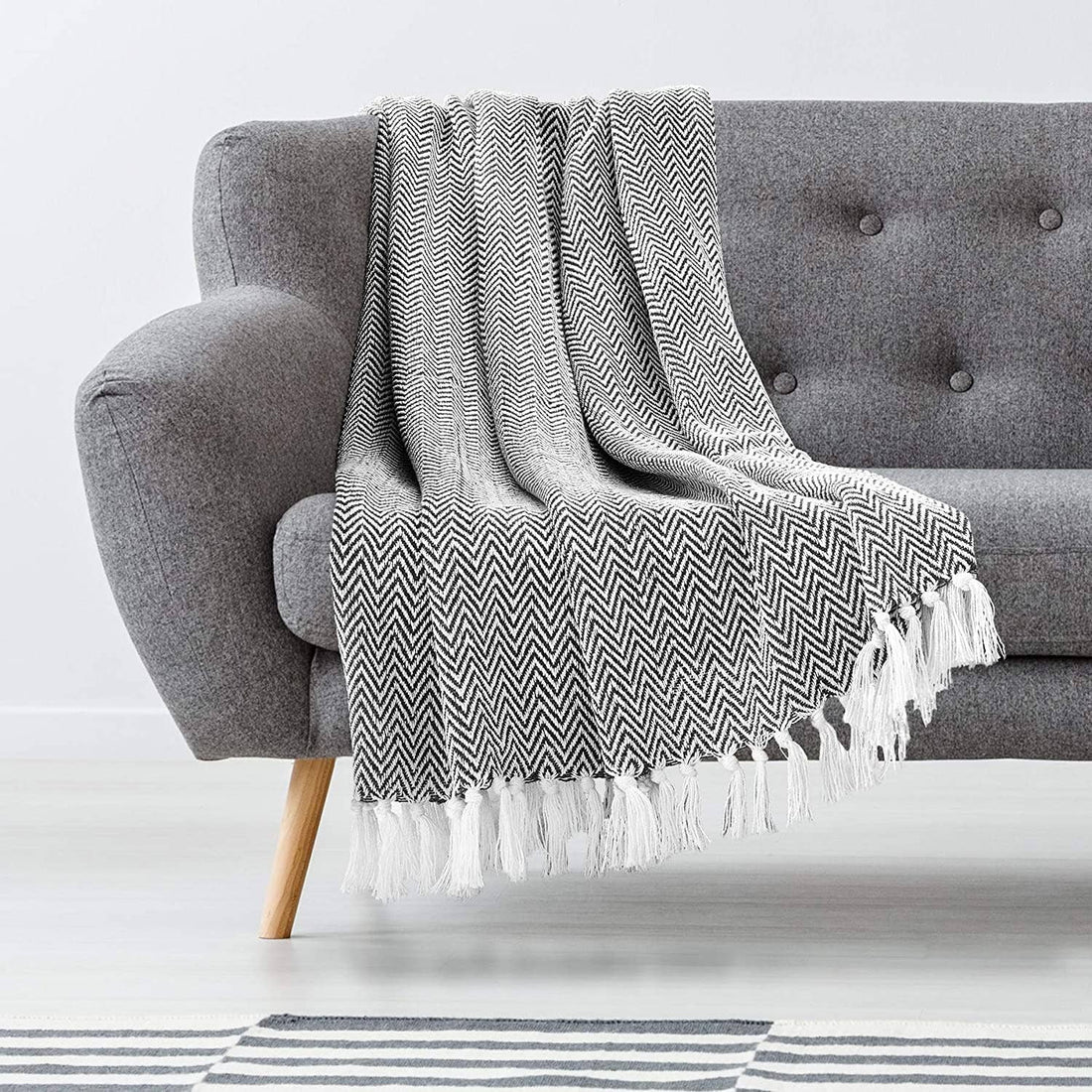 Cream Herringbone Throw Blanket