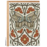 Moth with Red Flowers & Leaf Vines Art Nouveau Greeting Card