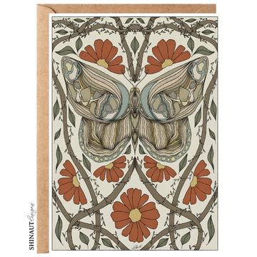 Moth with Red Flowers & Leaf Vines Art Nouveau Greeting Card