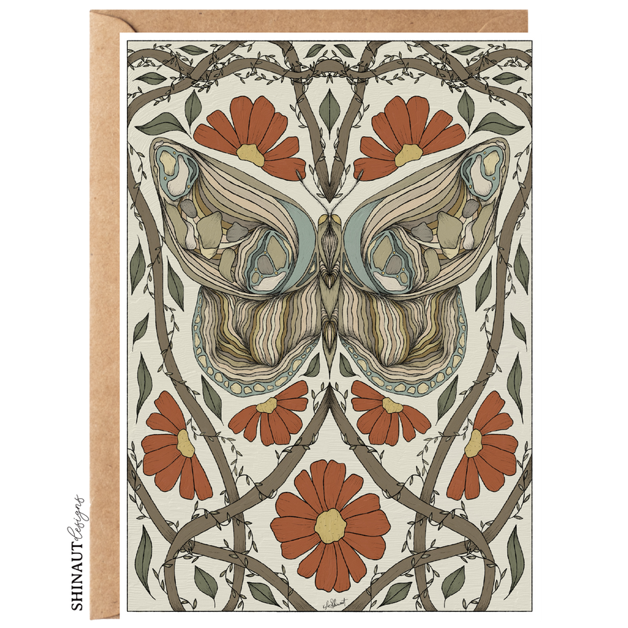 Moth with Red Flowers & Leaf Vines Art Nouveau Greeting Card