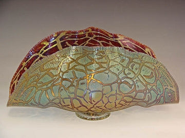 Glass Clam Shell Bowl-Copper Ruby Iris Gold Crackle