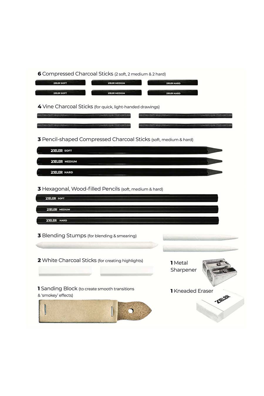 Zieler® 24 Piece Artists Charcoal Drawing Set