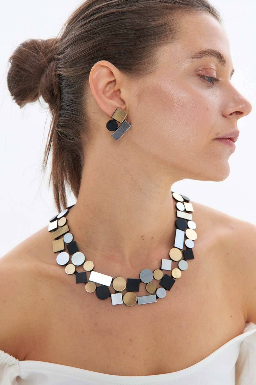 Bauhaus Double Layer Necklace- Silver/Black/Gold