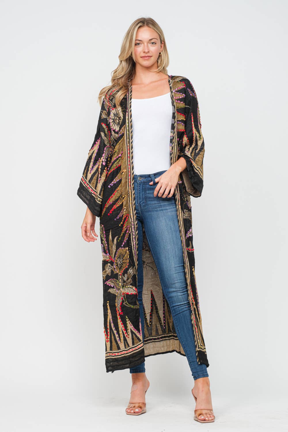 Meghan Black Thick Stitch Embroidered Duster