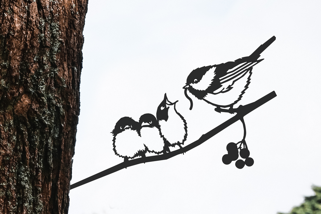 Chickadee & Chicks Metal Garden Art