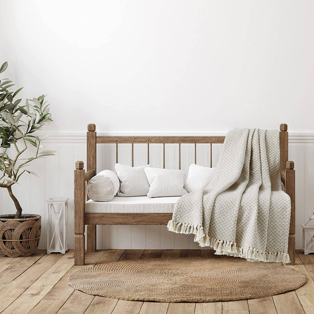 100% Cotton Cream Bird's Eye Throw Blanket