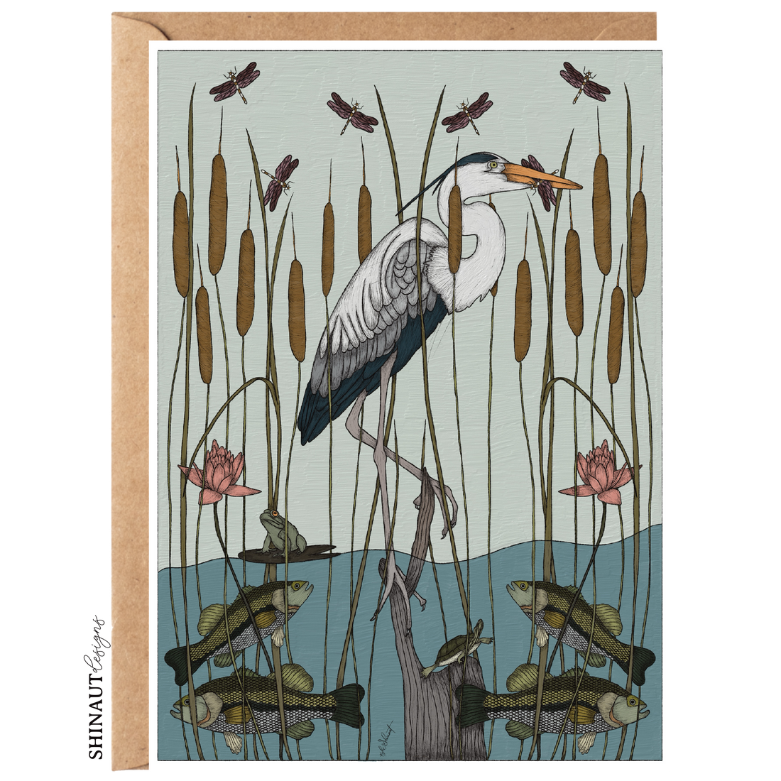 Great Blue Heron with Bass & Dragonfly Nouveau Greeting Card