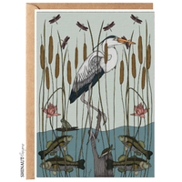 Great Blue Heron with Bass & Dragonfly Nouveau Greeting Card