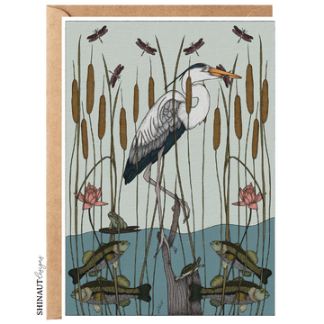 Great Blue Heron with Bass & Dragonfly Nouveau Greeting Card