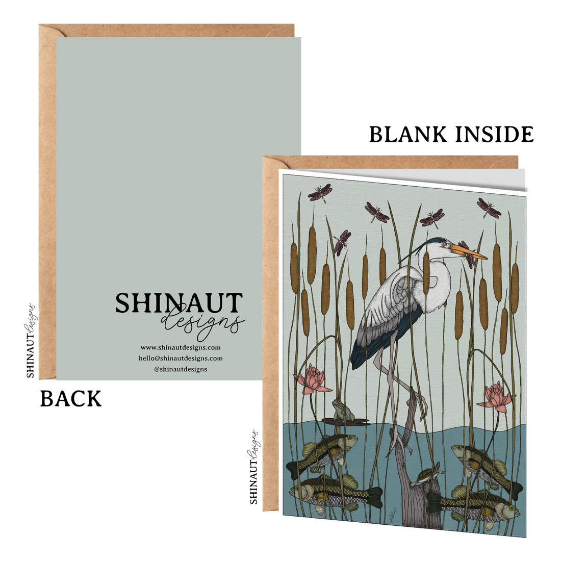 Great Blue Heron with Bass & Dragonfly Nouveau Greeting Card