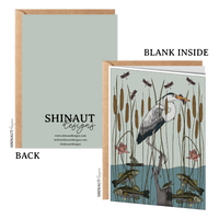 Great Blue Heron with Bass & Dragonfly Nouveau Greeting Card