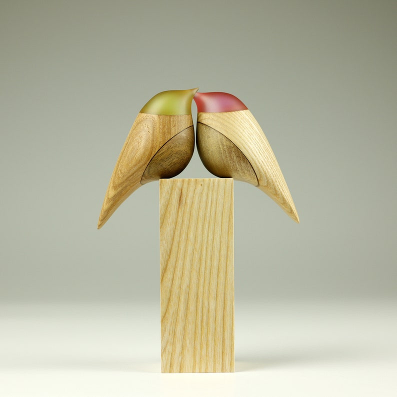 Coral & Chartreuse Love Bird Duo Sculpture