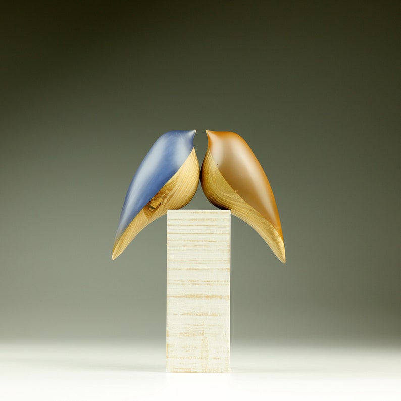 Blue and Caramel Love Bird Duo Sculpture