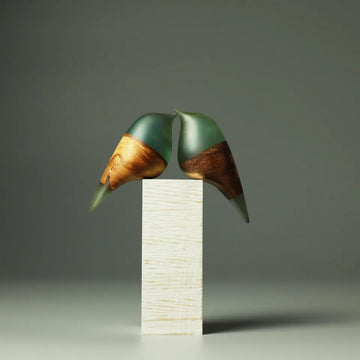 Green with Wood  Love Bird Duo Sculpture 268
