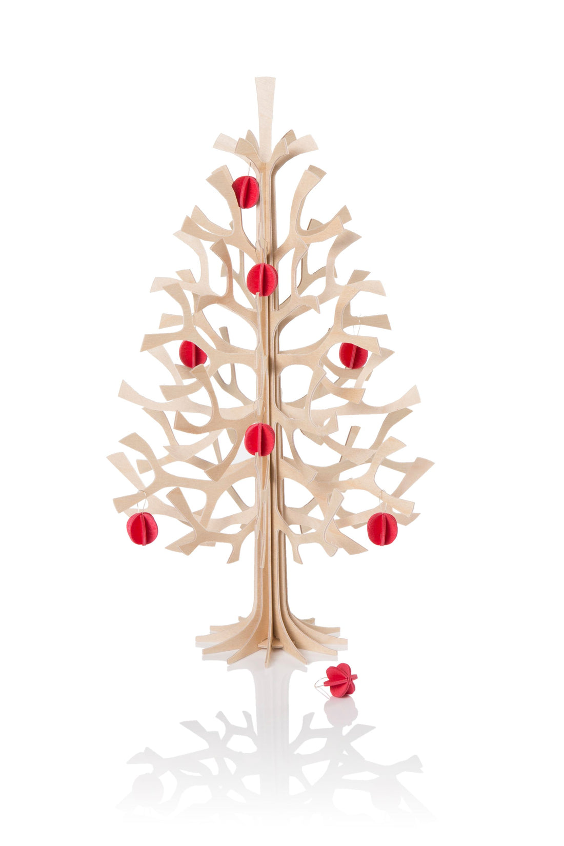 Wooden Spruce Tree in Natural Wood with Red Minibaubles
