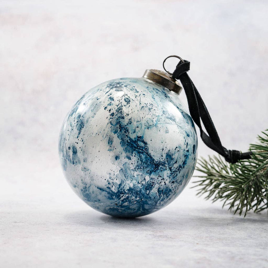 4" Blue Marble Glass Hanging Bauble