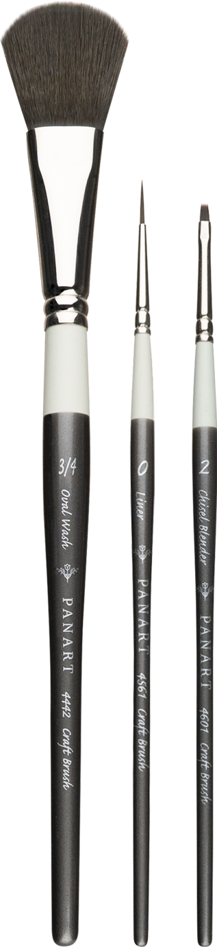 These craft range brushes are a must for the beginner water, oil, or acrylic painter. They are a fantastic option for detail work in jewelry and ceramics. The grey synthetic filaments provide even distribution and release of colors to create multiple affects and strokes.  The wood handles are 100% FSC certified wood.  Set includes a size 0 liner, 2 chisel, and 3/4 oval brush.
